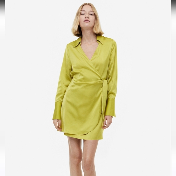H&M Yellow Green Satin wrap mini dress. Size Large - Picture 1 of 16